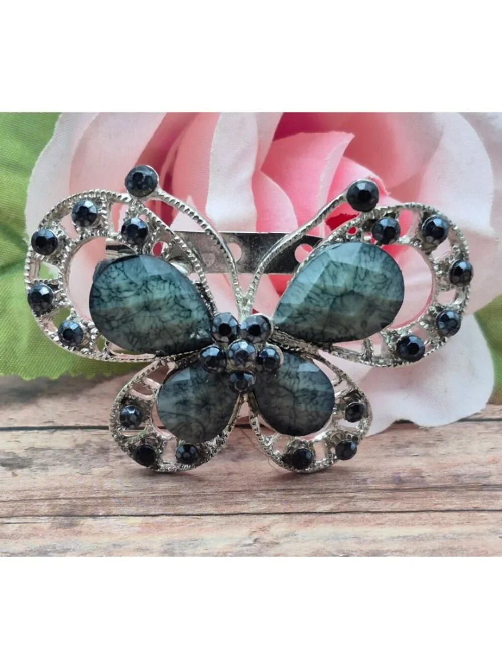 Vintage Butterfly Brooch Silver Tone Gray Marbled Cabochon Black Rhinestone Pin